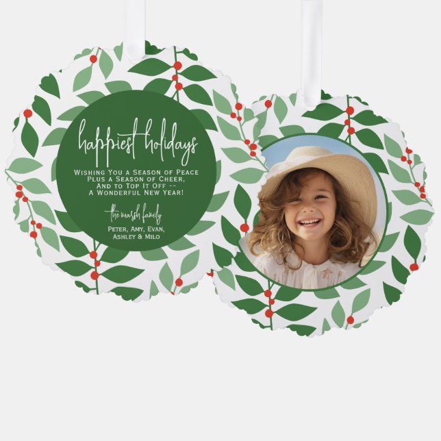 Modern botanical green - Photo - Happiest Holiday Ornament Card (Front/Back)