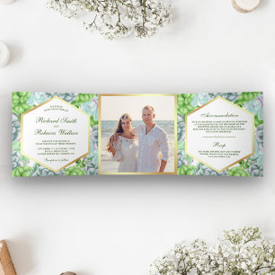 Modern Botanical Green Succulent Photo Wedding Tri-Fold Invitation