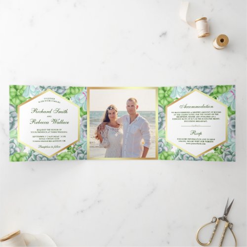 Modern Botanical Green Succulent Photo Wedding Tri_Fold Invitation