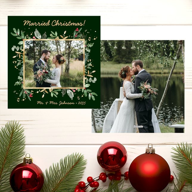 Modern Botanical Greenery 2 Photo Wedding Holiday Card (Creator Uploaded)