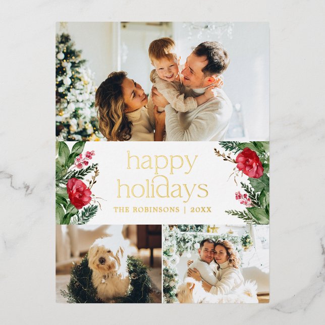 Modern Botanical Greenery 3 Photo Gold Foil Holiday Postcard (Front)