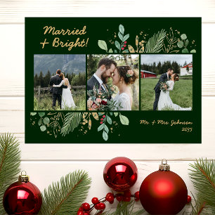 Modern Botanical Greenery 3 Photo Married & Bright Holiday Card
