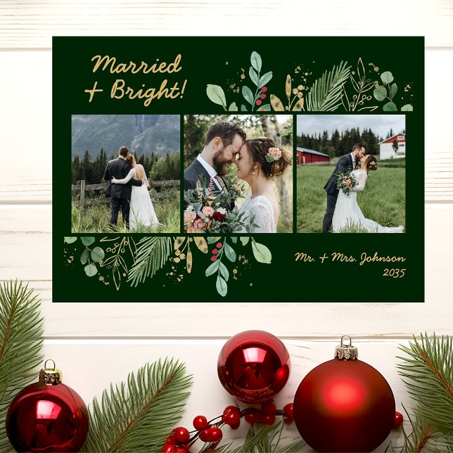 Modern Botanical Greenery 3 Photo Married & Bright Holiday Card (Creator Uploaded)