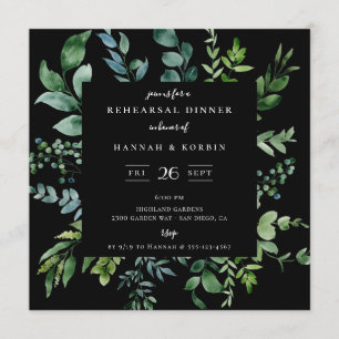 Modern Botanical Greenery Black Rehearsal Dinner Invitation