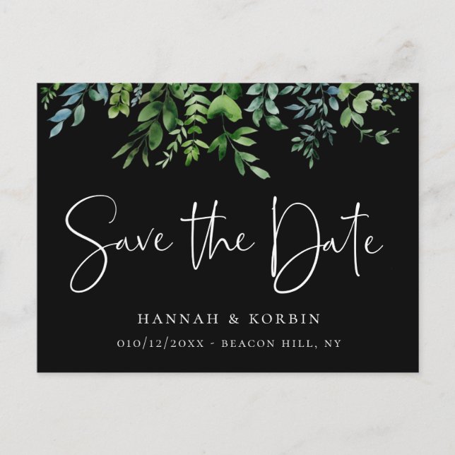 Modern Botanical Greenery Black Save the Date Announcement Postcard (Front)