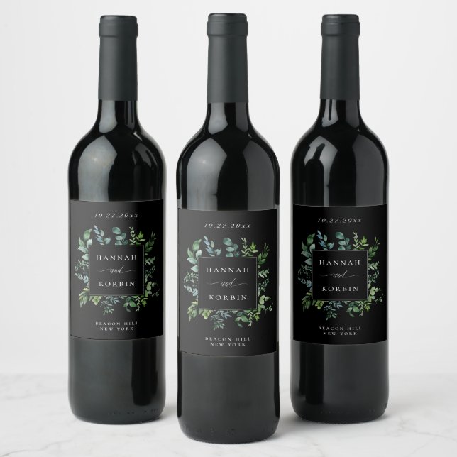 Modern Botanical Greenery Black Wedding Wine Label (Bottles)