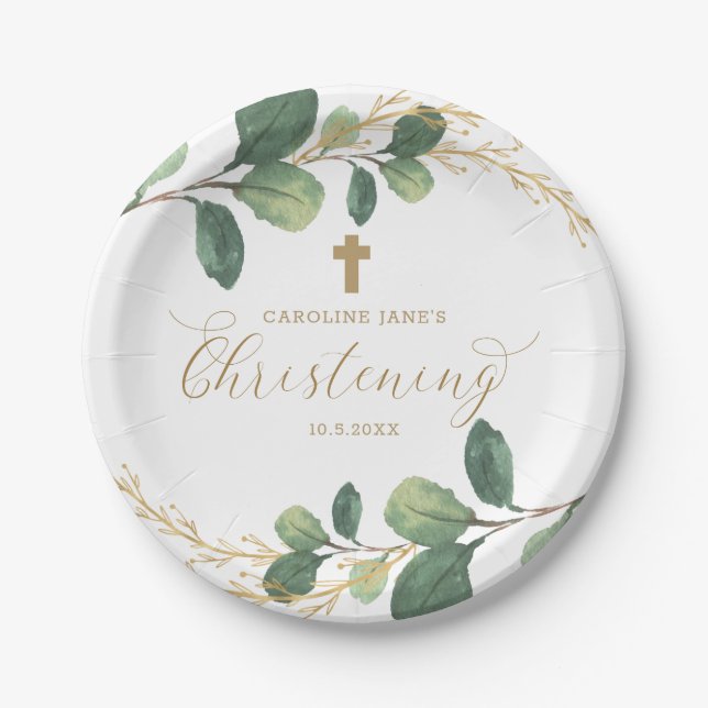 Modern Botanical Greenery Christening Calligraphy Paper Plates (Front)