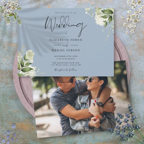 Modern Botanical Greenery Dusty Blue Photo Wedding Invitation