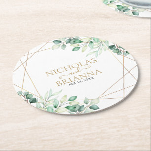 Modern Botanical Greenery Eucalyptus Gold Wedding Round Paper Coaster