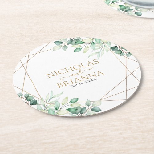 Modern Botanical Greenery Eucalyptus Gold Wedding Round Paper Coaster