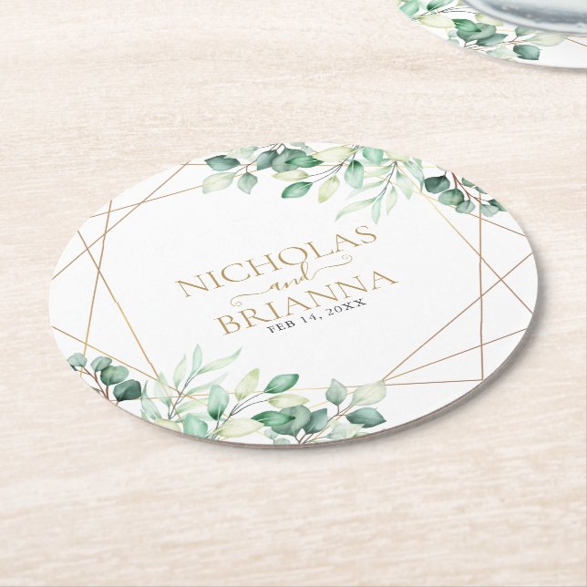 Modern Botanical Greenery Eucalyptus Gold Wedding Round Paper Coaster (Angled)
