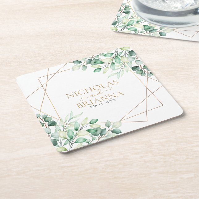 Modern Botanical Greenery Eucalyptus Gold Wedding Square Paper Coaster (Angled)