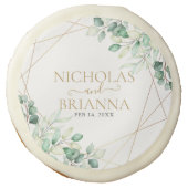 Modern Botanical Greenery Eucalyptus Gold Wedding Sugar Cookie (Front)
