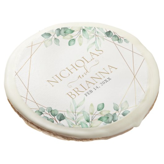 Modern Botanical Greenery Eucalyptus Gold Wedding Sugar Cookie (Angled)