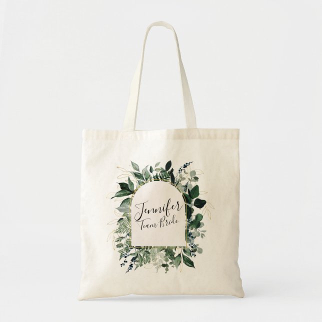 Modern botanical Greenery foliage Team Bride Tote Bag (Front)