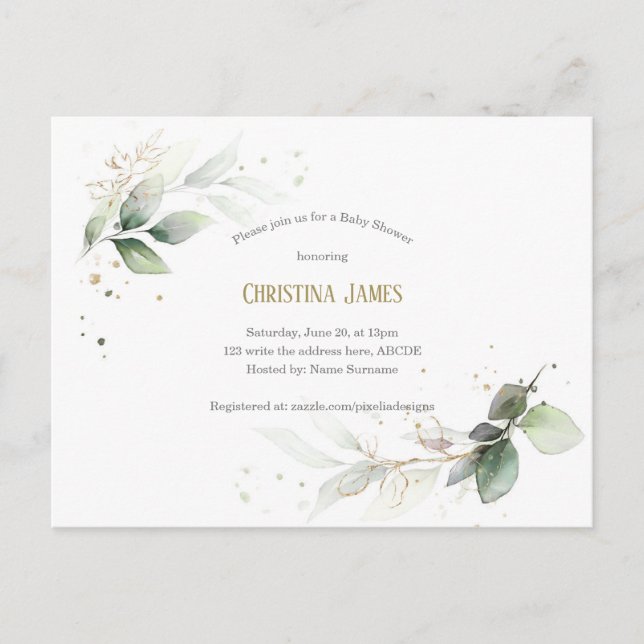 Modern, Botanical, Greenery, Gender Neutral Invitation Postcard (Front)