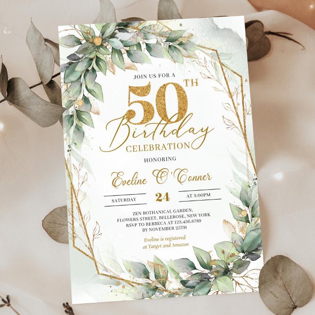 Modern botanical greenery leaf gold 50th birthday invitation (Bohemian green eucalyptus and gold frame 50th birthday invitation digital)