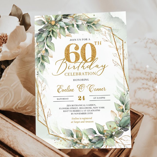 Modern botanical greenery leaf gold 60th birthday invitation (Elegant botanical green eucalyptus gold geometric 60th birthday invitation downloadable)
