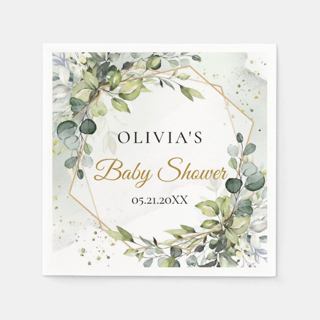 Modern botanical greenery leaf gold Baby shower Napkins (Front)