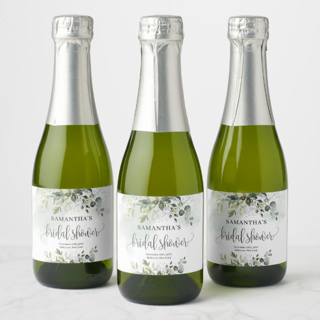Modern botanical greenery leaf gold Bridal Shower Sparkling Wine Label (Bottles)
