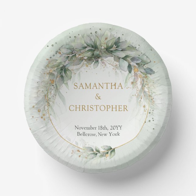 Modern botanical greenery leaf gold frame paper bowls (Front)