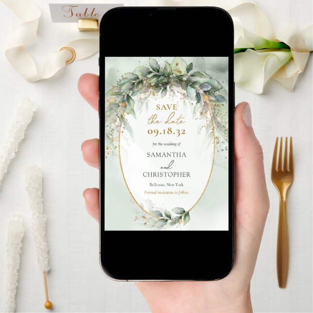 Modern botanical greenery leaf gold frame save the date (Front Digital)