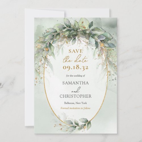 Modern botanical greenery leaf gold frame save the date