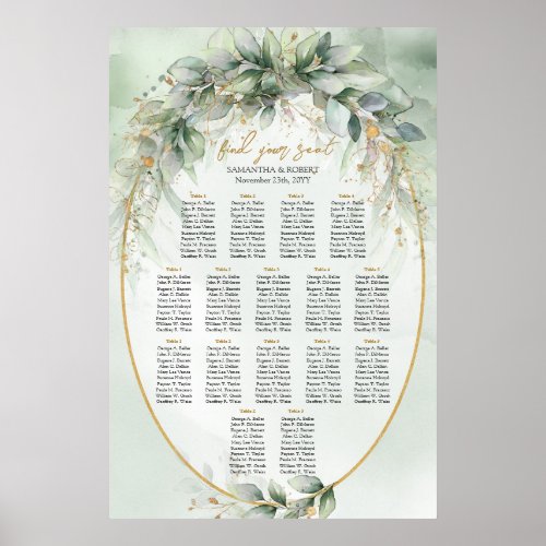 Modern botanical greenery leaf gold frame seating poster