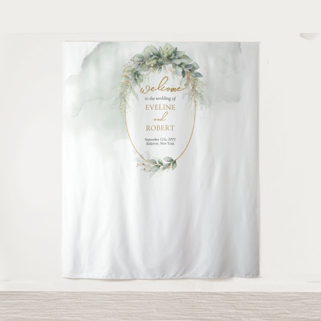 Modern botanical greenery leaf gold oval backdrop (Front)