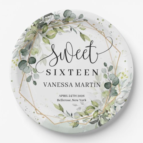 Modern botanical greenery leaf gold sweet sixteen paper plates