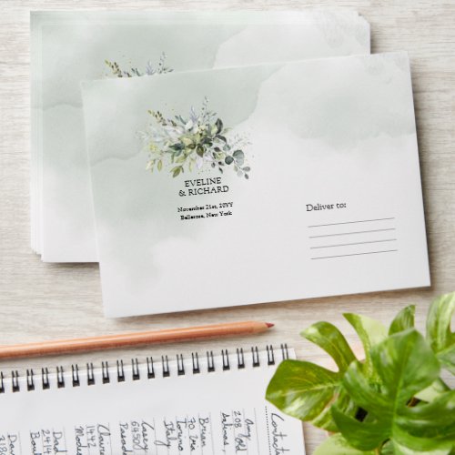 Modern botanical greenery leaf gold wedding envelope