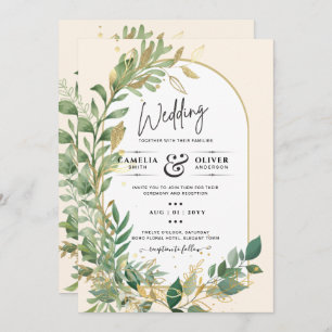 Modern Botanical Greenery Leaf Gold Wedding Invite