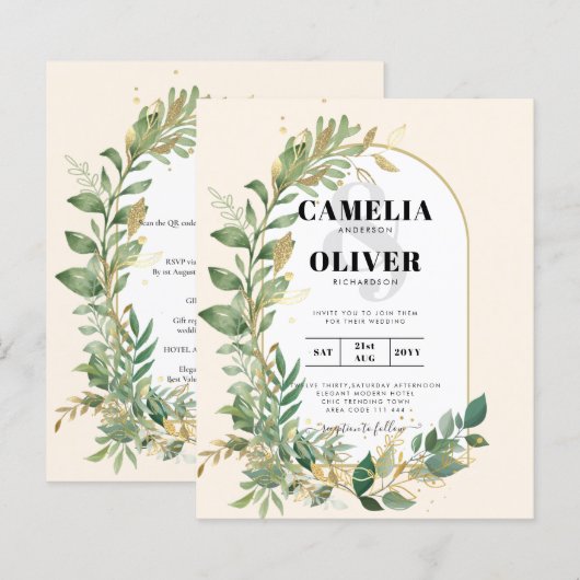 Modern Botanical Greenery Leaf Gold Wedding Invite (Front/Back)