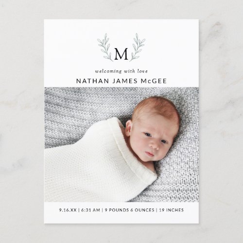 Modern Botanical Greenery Monogram Photos Birth Announcement Postcard