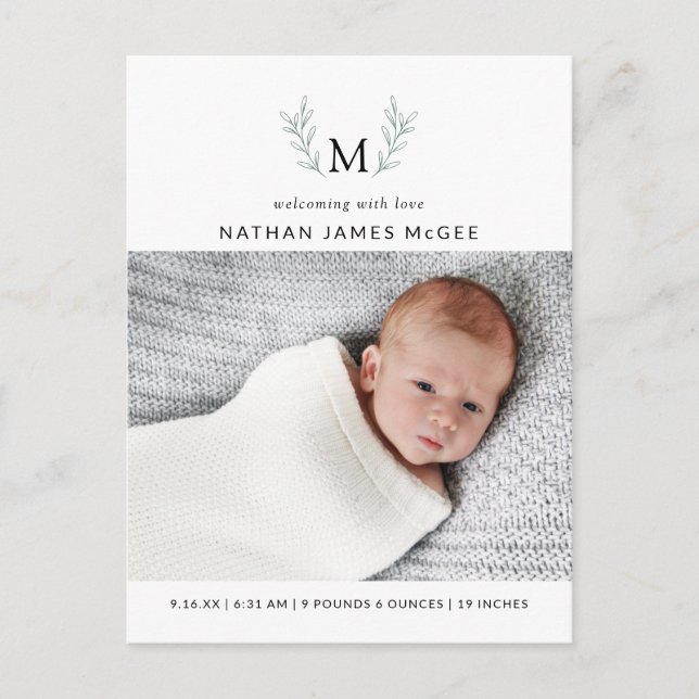 Modern Botanical Greenery Monogram Photos Birth Announcement Postcard (Front)