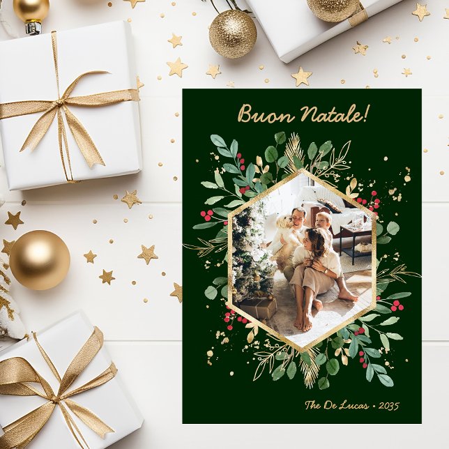 Modern Botanical Greenery Photo Buon Natale Holiday Card (Creator Uploaded)