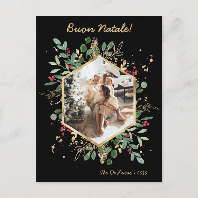 Modern Botanical Greenery Photo Buon Natale Holiday Postcard (Front)