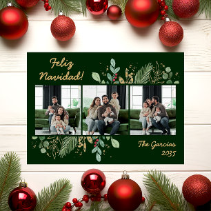 Modern Botanical Greenery Photo Feliz Navidad Holiday Card