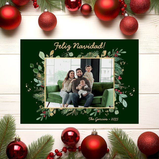 Modern Botanical Greenery Photo Feliz Navidad Holiday Card (Creator Uploaded)