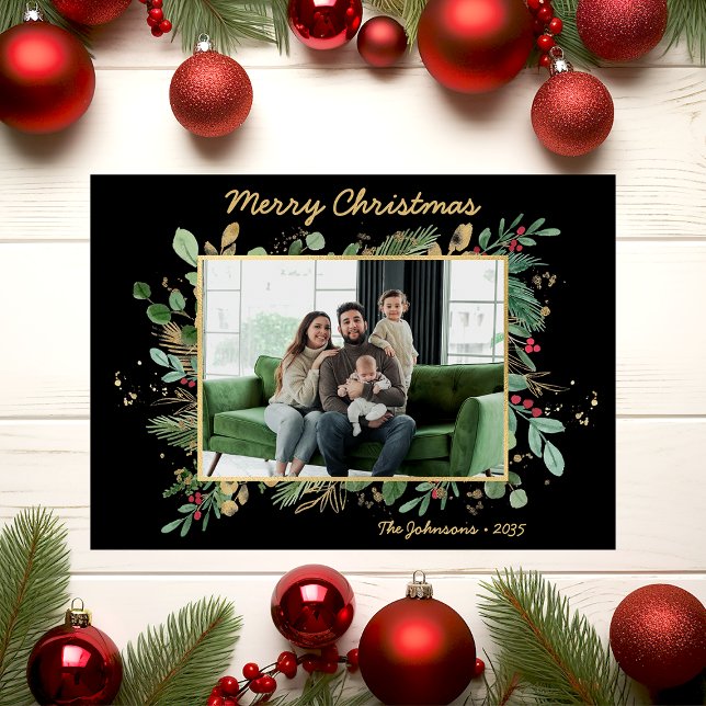 Modern Botanical Greenery Photo Holiday Card (Creator Uploaded)