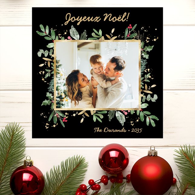 Modern Botanical Greenery Photo Joyeux Noel Holiday Card (Creator Uploaded)