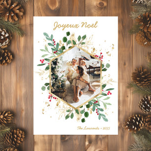 Modern Botanical Greenery Photo Joyeux Noel Holiday Card