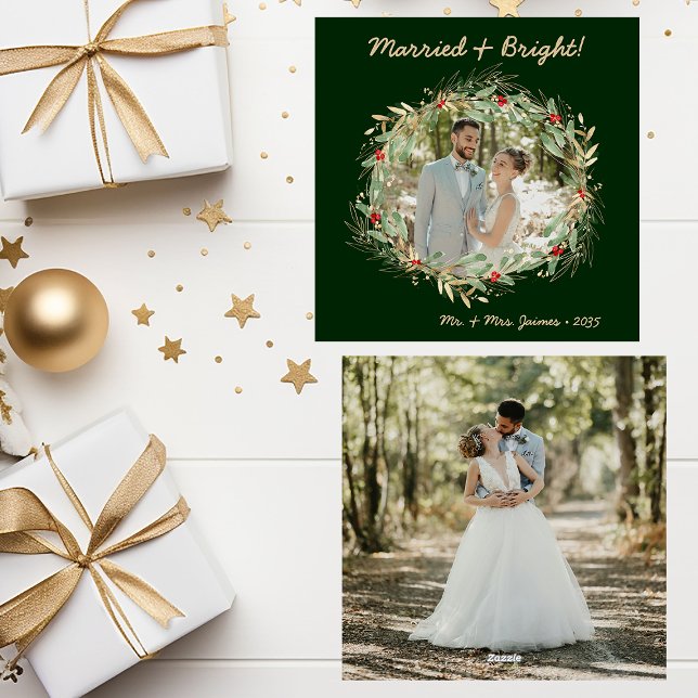 Modern Botanical Greenery Photo Married & Bright Holiday Card (Creator Uploaded)