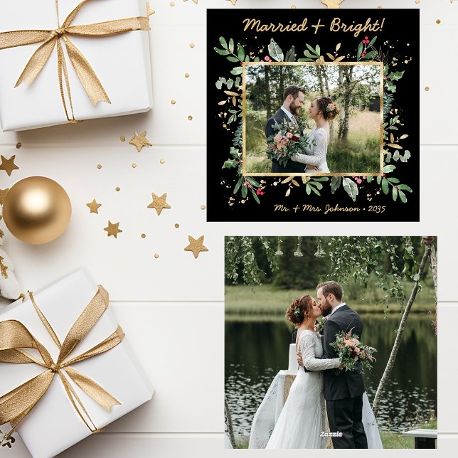 Modern Botanical Greenery Photo Married & Bright Holiday Card (Creator Uploaded)