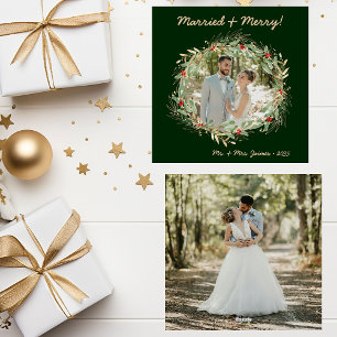 Modern Botanical Greenery Photo Married & Merry Holiday Card