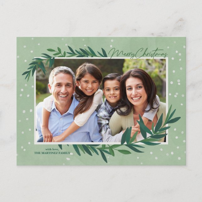 Modern Botanical Greenery Photo Merry Christmas Holiday Postcard (Front)