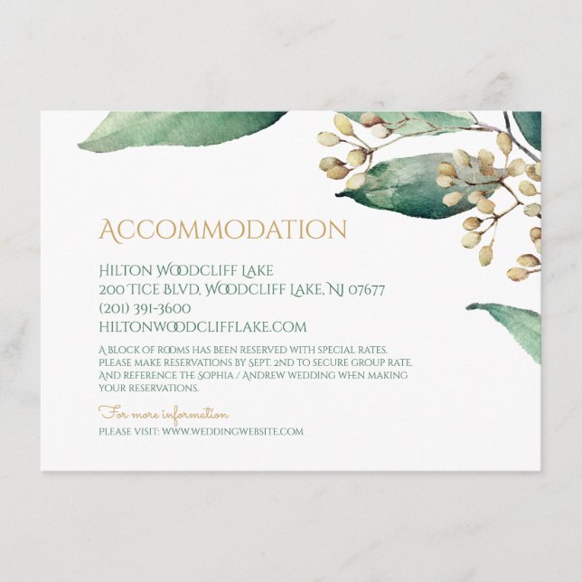 Modern botanical greenery rustic accommodation enclosure card (Front)