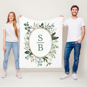 Modern Botanical Greenery Wedding Initial Monogram Fleece Blanket