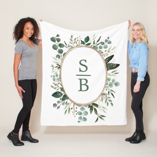 Modern Botanical Greenery Wedding Initial Monogram Fleece Blanket