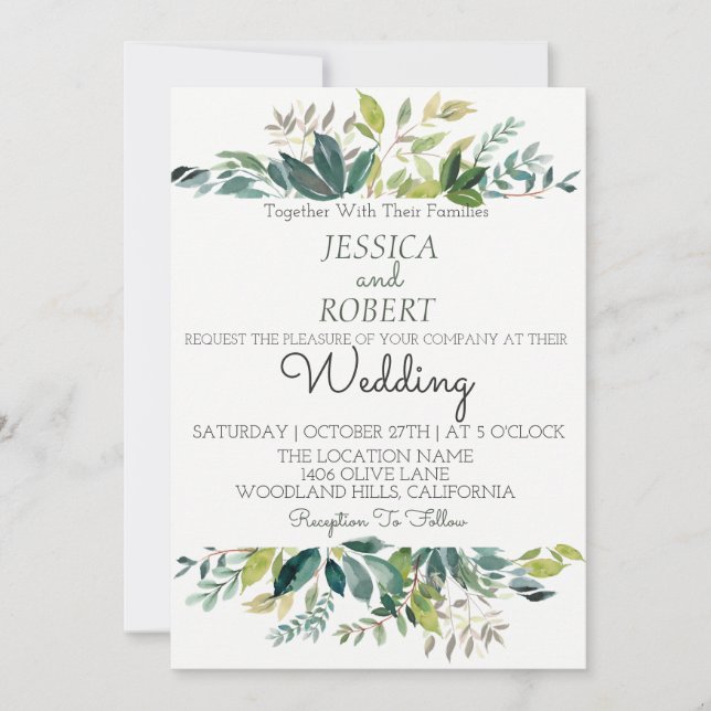 Modern Botanical Greenery Wedding Invitation (Front)